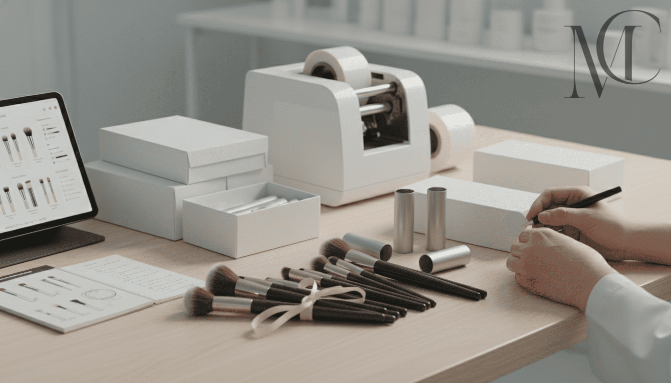 Pinceles de maquillaje al por mayor, marca privada Pinceles cosméticos preparándose para su embalaje y envío.